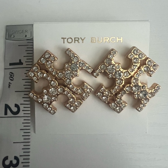 NWT Tory Burch Crystal Pave Logo Gold Earrings - Picture 3 of 6